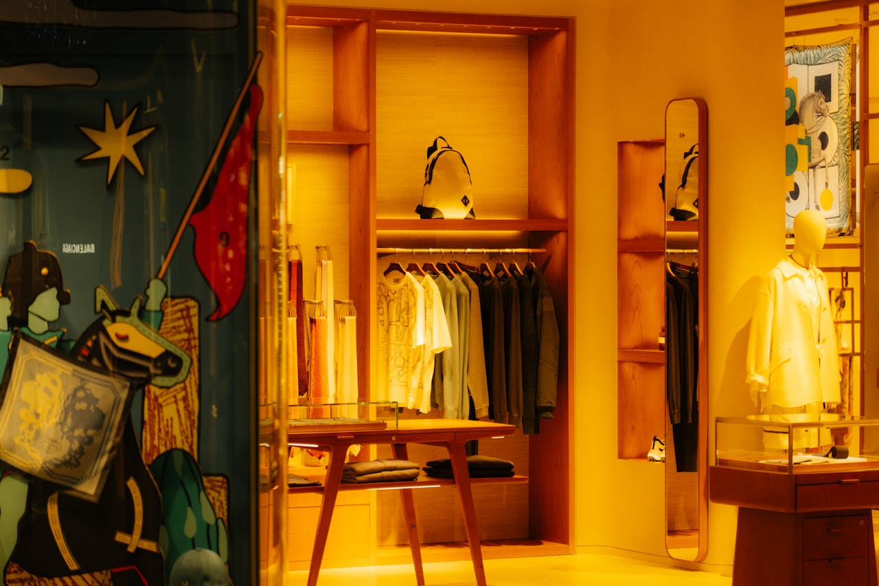 Interior of a luxury retail boutique with warm golden lighting, wooden shelving, hanging clothes on a rack, a backpack display, and a mannequin in a white jacket